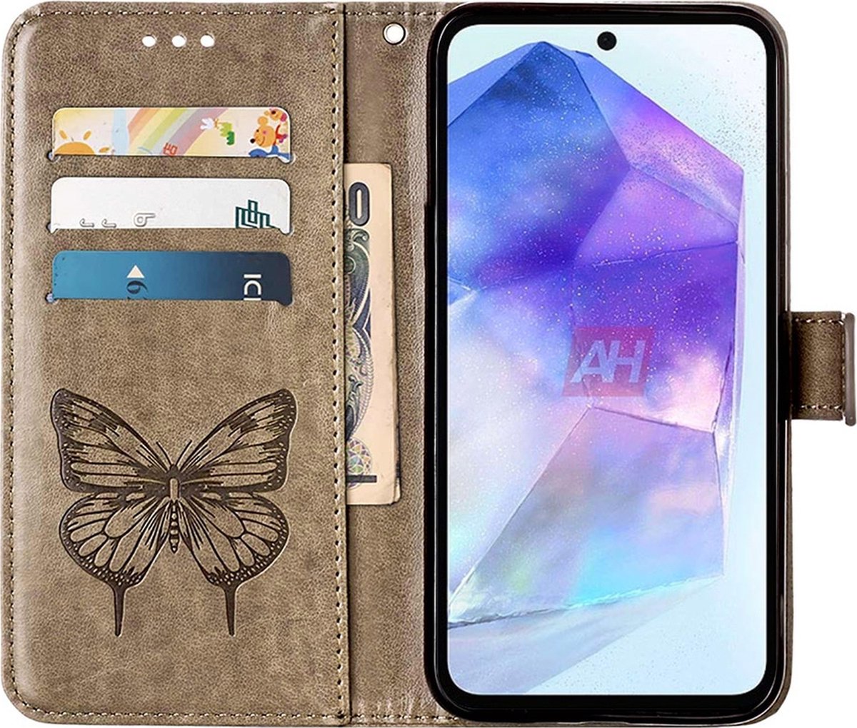 Mobigear Telefoonhoesje geschikt voor Samsung Galaxy A55 Hoesje | Mobigear Butterfly Bookcase Portemonnee | Pasjeshouder voor 3 Pasjes | Telefoonhoesje voor Pinpas / OV Kaart / Rijbewijs - Grijs