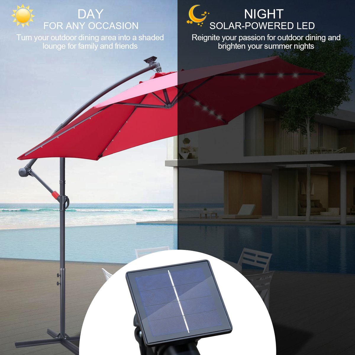 Zweefparasol - Strandparasols - Balkonparasols - Solar LED parasol Waterdicht - Parasol - Parasols - Ø 300cm - 3m - Tuinparasol - Zonne-energie - Rood- Draai- en Kantelbaar - 360° draaibaar - Duurzame Zweefparasol - Met voet – foto 3