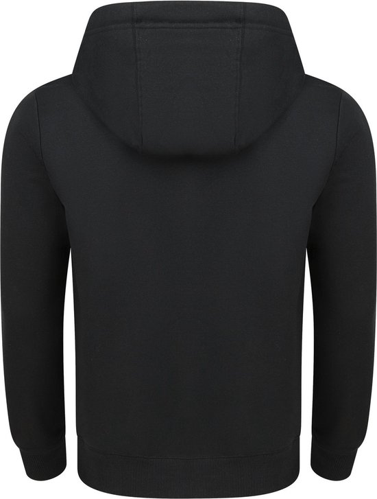 Achterkant van een zwarte Riverso hoodie met capuchon.