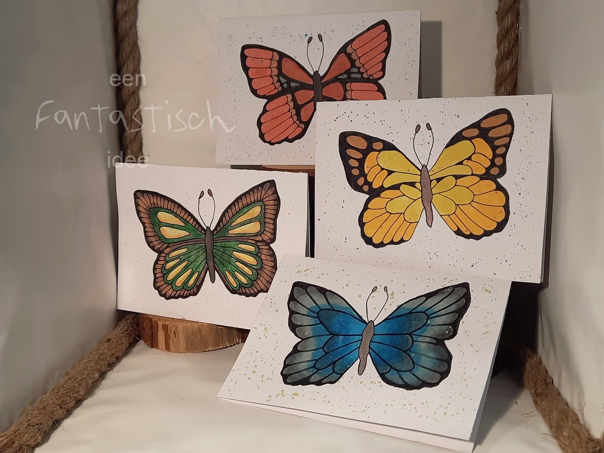 Wenskaarten VLINDER set - HANDGEMAAKT - 4 stuks