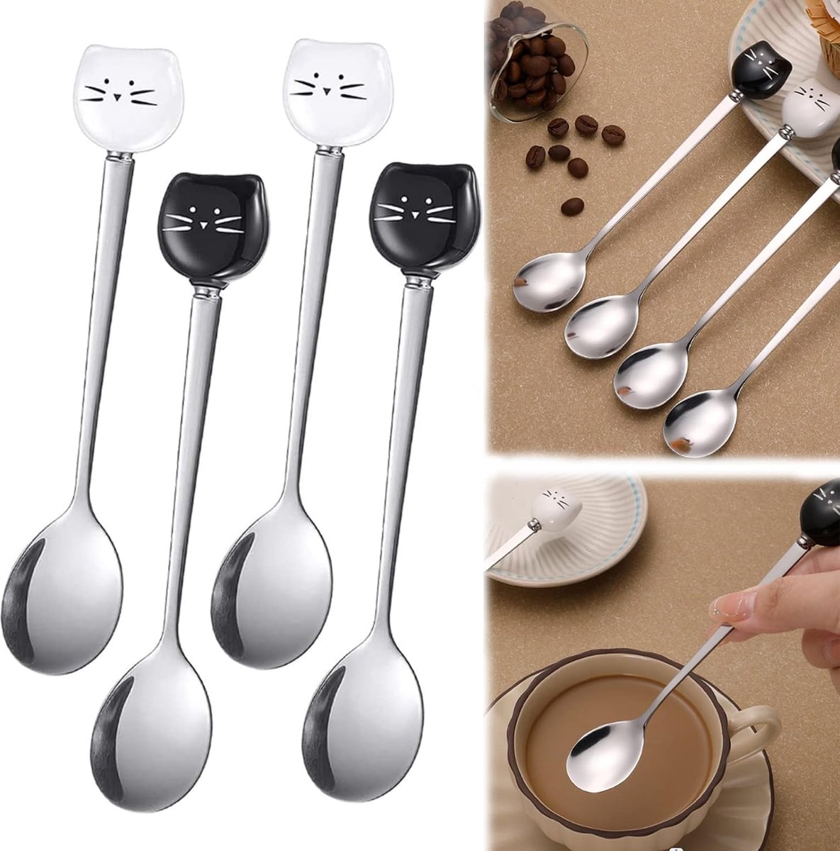 Schattig roestvrij staal kattenkop koffie lepel 6 stuks kattenliefhebber lepel, mooie lepel, keramisch roestvrij staal kattenliefhebber lepel voor roeren thee koffie suiker dessert (zwart,