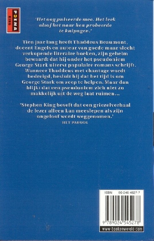 Boekomslag van 'Duistere Kant' met een blauwe achtergrond en witte tekst. De tekst bevat een quote en de achterflaptekst.