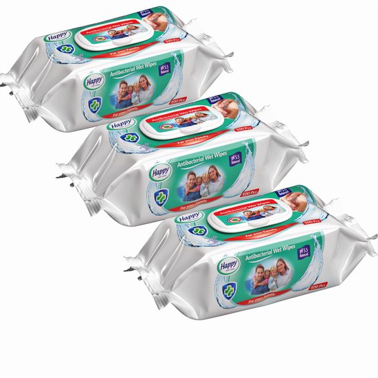 Happy Wet Wipes antibacteriële doekjes – 3 x 100 stuks