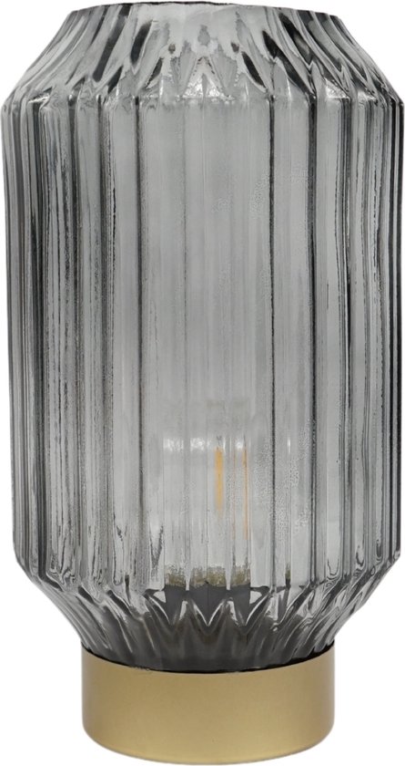 Tafellamp LED op batterij 22 cm - Glazen tafellamp met metalen onderkant - Grijs glas - Werkt op twee AAA-batterijen - Decoratieve lamp - Woonkamer - Eetkamer - Kantoor