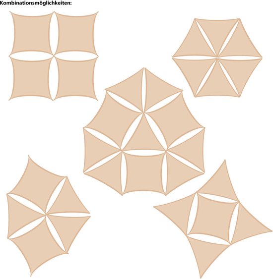 Illustratie van vijf combinatiemogelijkheden van beige schaduwdoeken