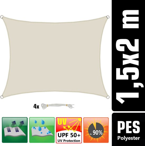 Crème rechthoekig schaduwdoek 1,5x2m, met touwen, "UPF 50+ UV Protection", "ca. 90% Schatten" en "PES Polyester"