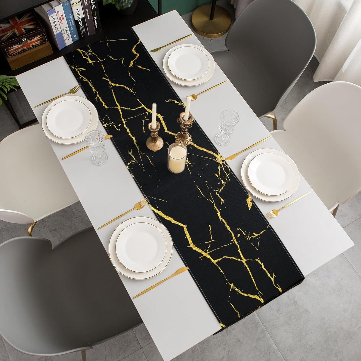 Jayusaror Tafelloper Modern Herfst Grijs en Wit Linnen Marmer Gouden Textuur Abstracte Kunst Wasbare Tafelloper voor Koffie, Eetkamer, Ladekast, Bijzettafel, Slaapkamer, 40 x 140 cm