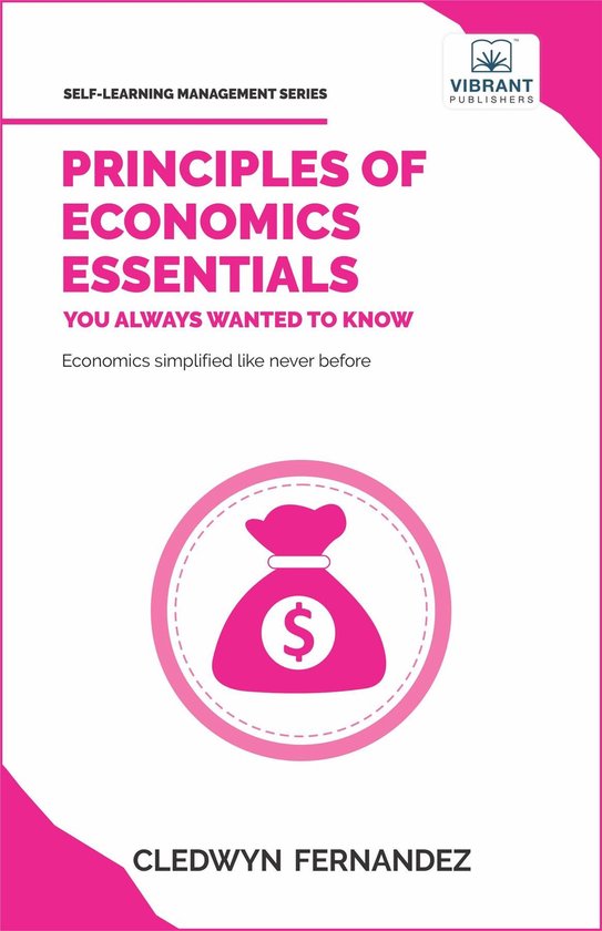 Boekomslag Principles of Economics Essentials met roze geldbuidelicoon op witte achtergrond.