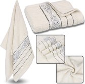 Crème Katoenen Handdoek met Decoratief Borduurwerk, Grijs Borduurwerk 48x100 cm