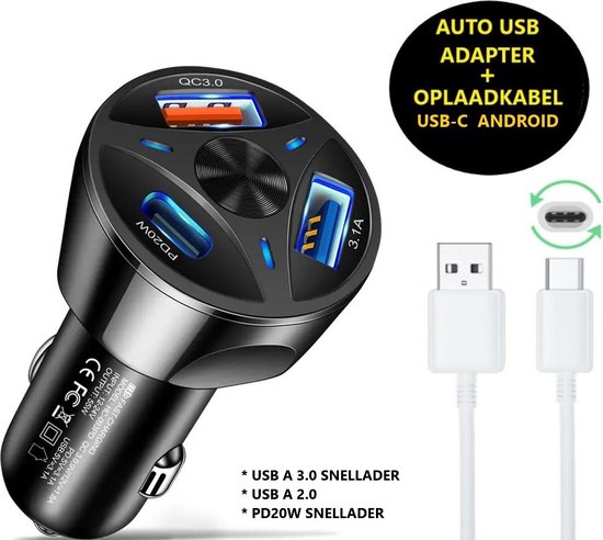 Auto Oplader PD 20W met USB-C Kabel - Auto Adapter & Oplaadkabel Geschikt voor Samsung - Snellader - Autolader met 3 Poorten - Geschikt voor Android toestellen - Type-C oplaadkabel - Combi pakket - Fast Adapter