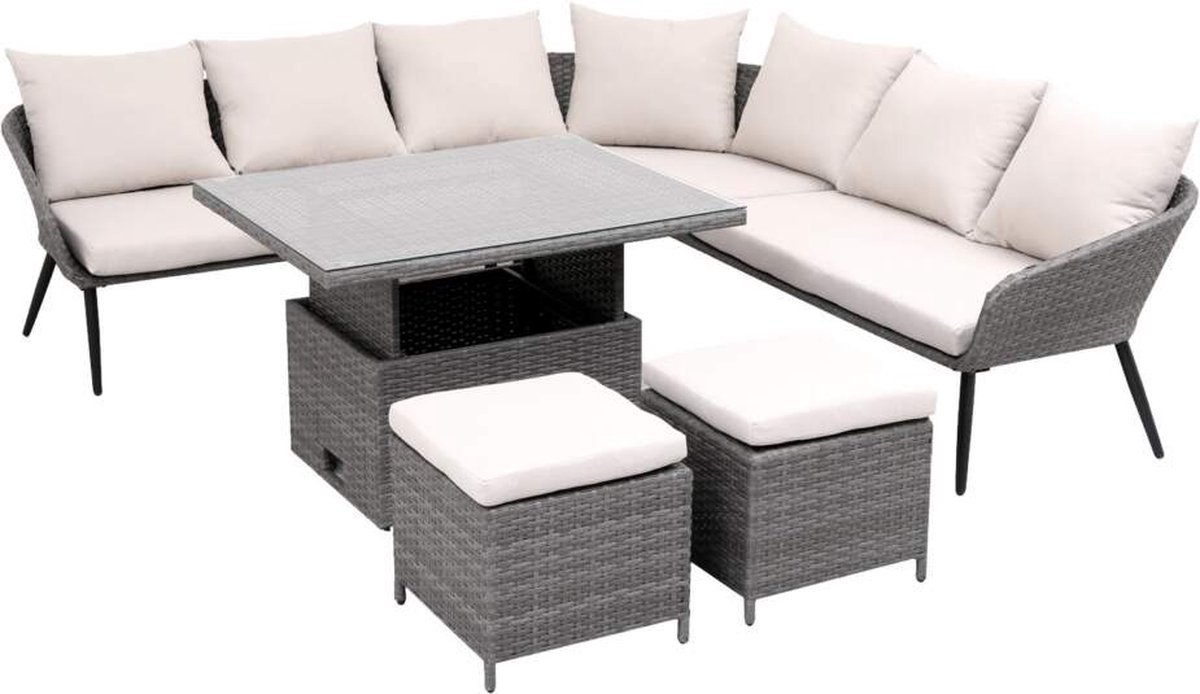tuinmeubelset- lounge bank + 2 krukjes+ tafel met glazen dienblad- grijs- compleet tuin set
