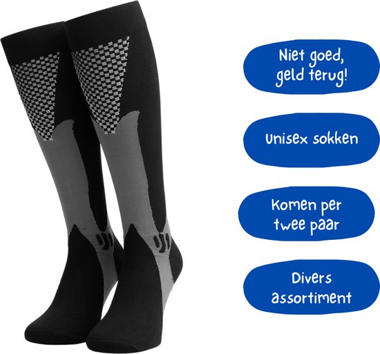 2 Paar Warme Compressiesokken – Zwart Grijs – Unisex maat 41-46 – Sport, Wandelen & Wintergebruik