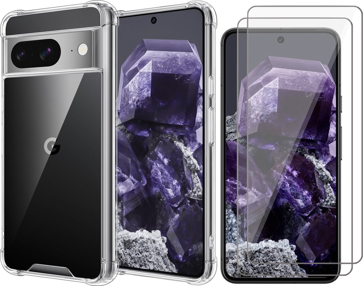 Hoesje geschikt voor Google Pixel 8 - 2x Screenprotector Glas - Shockproof Transparant