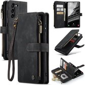 CaseMe - Coque adaptée pour Samsung Galaxy S24 Ultra - Vintage Wallet Book Case Zipper - Avec Fermeture Magnétique - Zwart