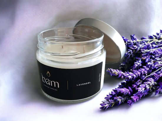 BAM lavendel geurkaars met 2 wieken in een basic potje - 60 branduren (210g) - cadeautip - geschenk - vegan