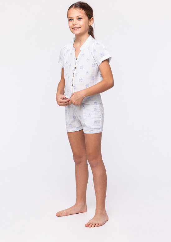 Woody doorknoop pyjama meisjes/dames - blauw - tetra - all-overprint zeesterren - 241-10-WPJ-W/927 - maat 164