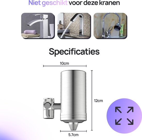 Zilverkleurig kraanfilter, 10cm hoog, 5.7cm breed en 12cm diep.