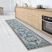 Loper tapijt 60 x 300 cm, antislip, lang keukentapijt, wasbaar, dunne tapijten, vintage medaillon, tapijt voor woonkamer, slaapkamer, keuken (blauw)