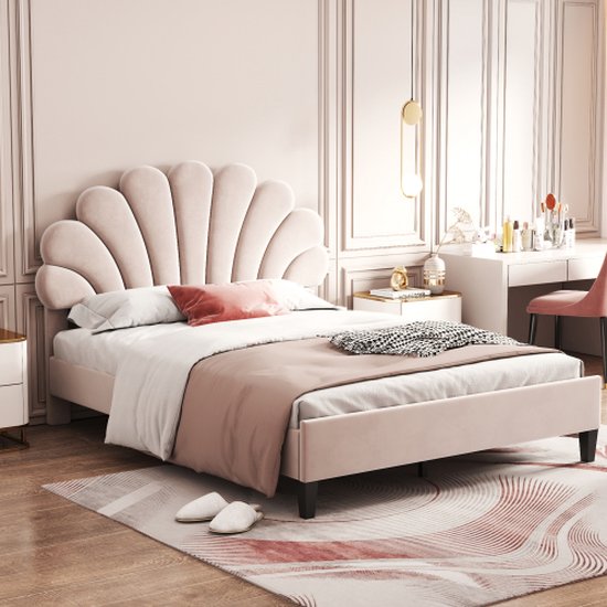 Gestoffeerd bed 140 x 200 cm - bedframe met bloemvormig hoofdeinde - tweepersoonsbed voor volwassenen met lattenbodem in huidvriendelijke fluwelen stof -beige