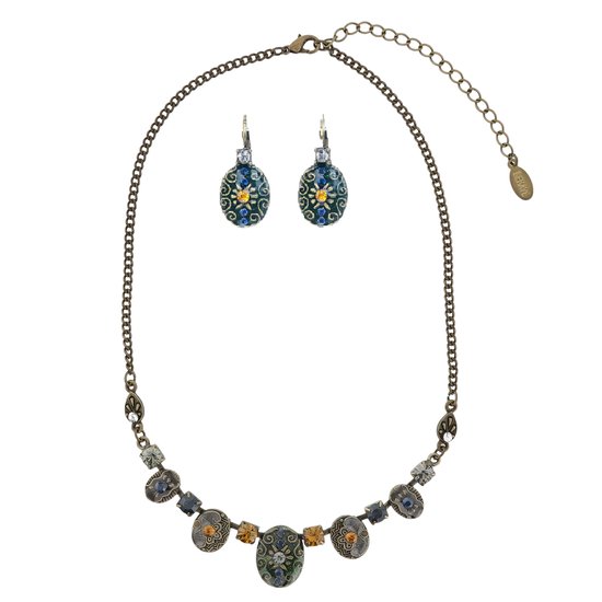 Behave - Set Collier + Boucles d'oreilles - Couleur or Vintage avec bleu foncé, vert foncé et marron