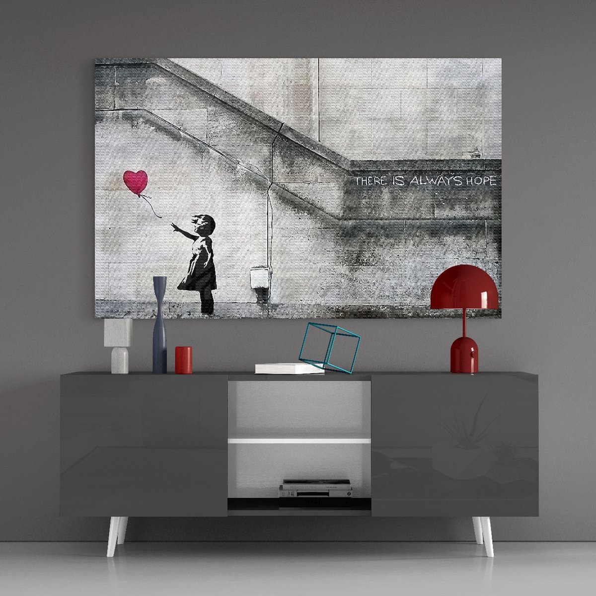 Insigne Art Glasschilderij - Graffiti - Vliegend hart - Wanddecoratie - 110x70 cm - 4 mm Grijs