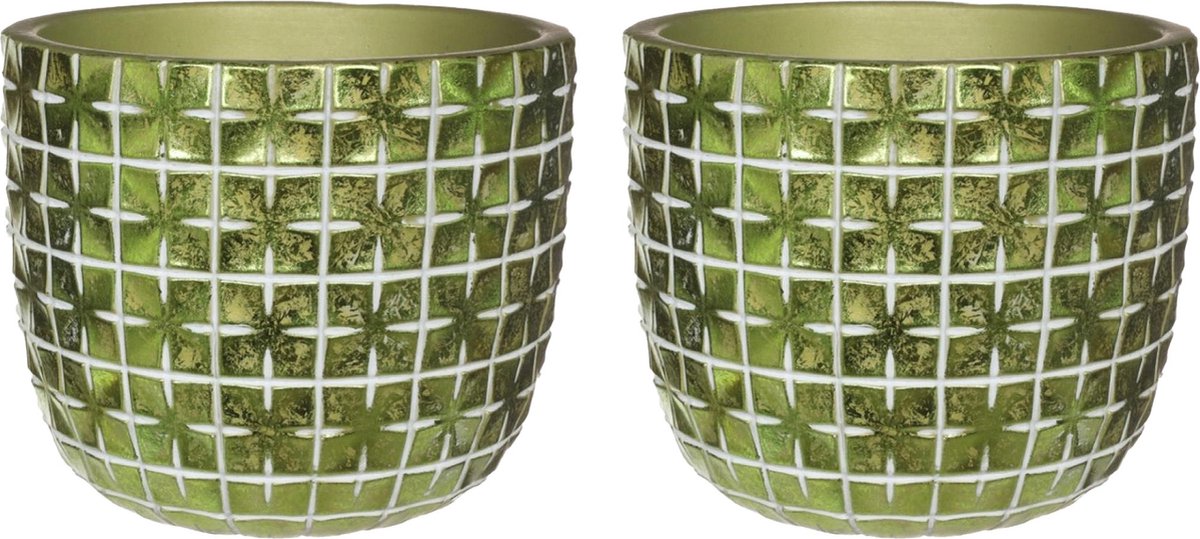 Ideas4seasons Bloempot/plantenpot ruit motief Hanoi - 2x - metallic groen - D10 x H8 cm