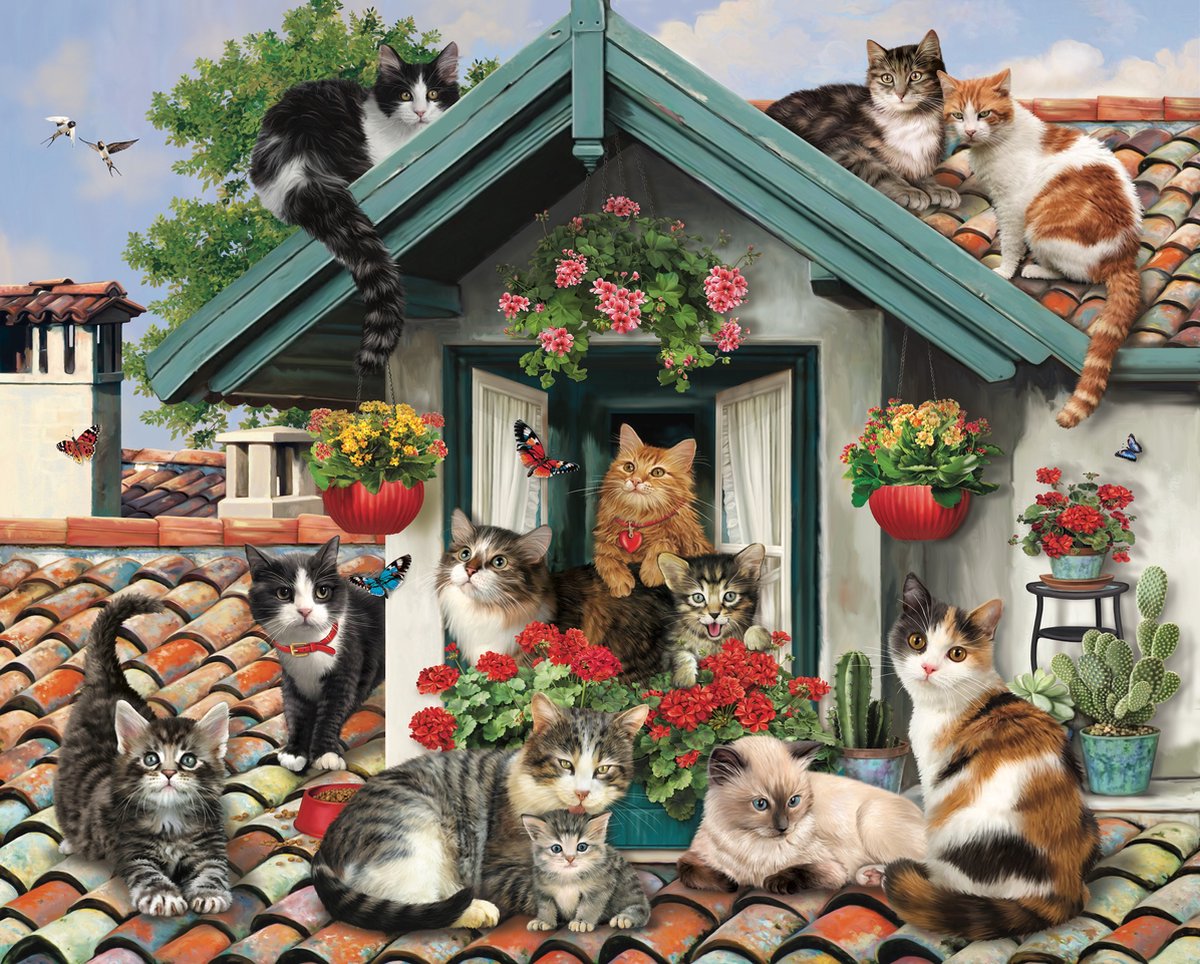 Mr. Broccoli Puzzel 1000 Stukjes Volwassenen - Cats on the Roof - Legpuzzel Katten en Poezen op het Dak - FSC® - Dieren Collectie - 68 x 48 cm — afbeelding 3