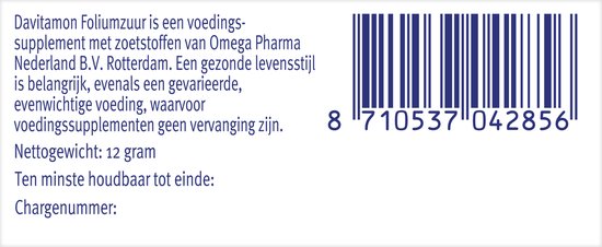 Barcodes en tekstinformatie over Davitamon Foliumzuur: 12 gram netto gewicht.