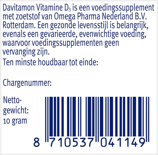 Davitamon Vitamine D3 is een voedingssupplement van Omega Pharma Nederland B.V. Rotterdam. Netto gewicht: 10 gram. Barcode: 8 710537 041149.