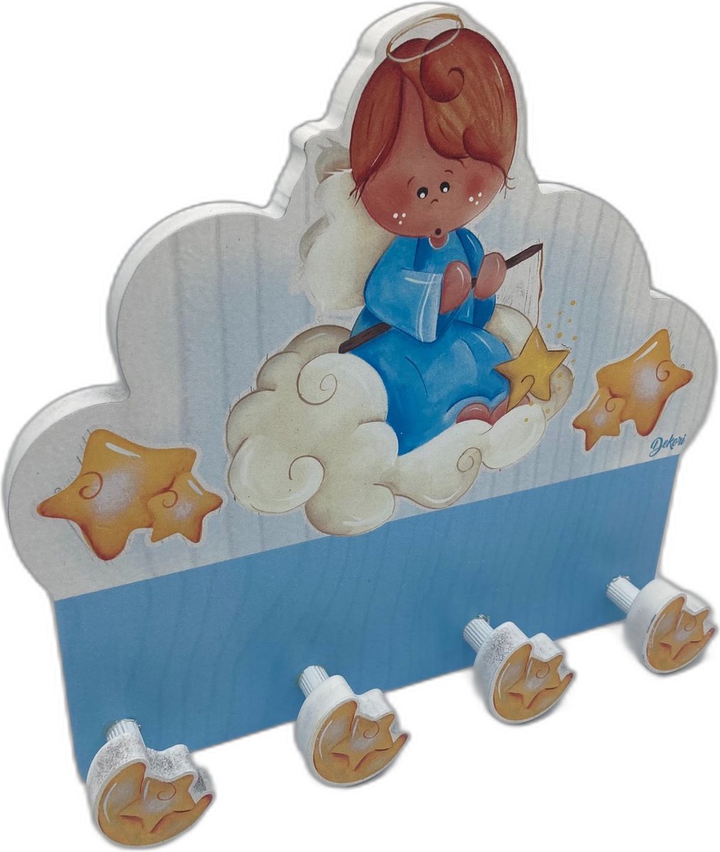 Kinderkapstok - Wandkapstok- Italiaans Design - Hout - 4 haken - 26 x 24 cm - Kinderkamer - Engeltje op Wolk