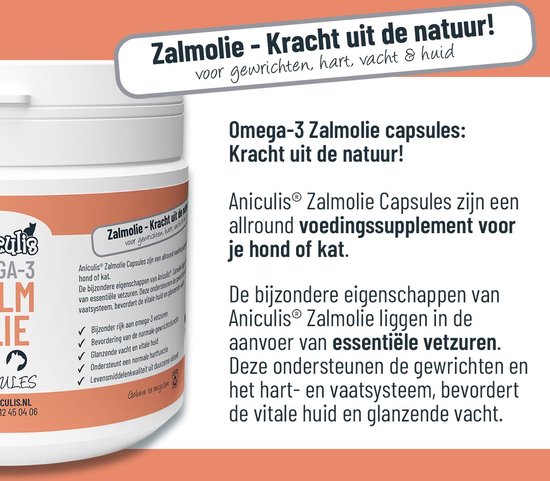 Pot Aniculis zalmolie capsules met tekst over omega-3, gewrichten, hart, vacht en huid.