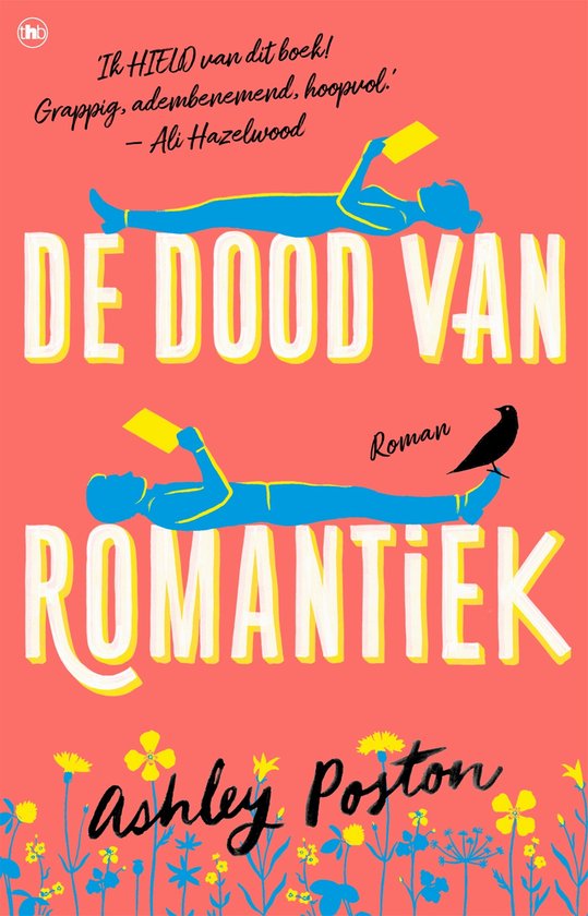 Boekcover voor 'De dood van romantiek' met twee blauwe silhouetten die op hun rug liggen op een roze achtergrond. Tussen de silhouetten vliegt een zwarte vogel. Tekst in geel en wit.