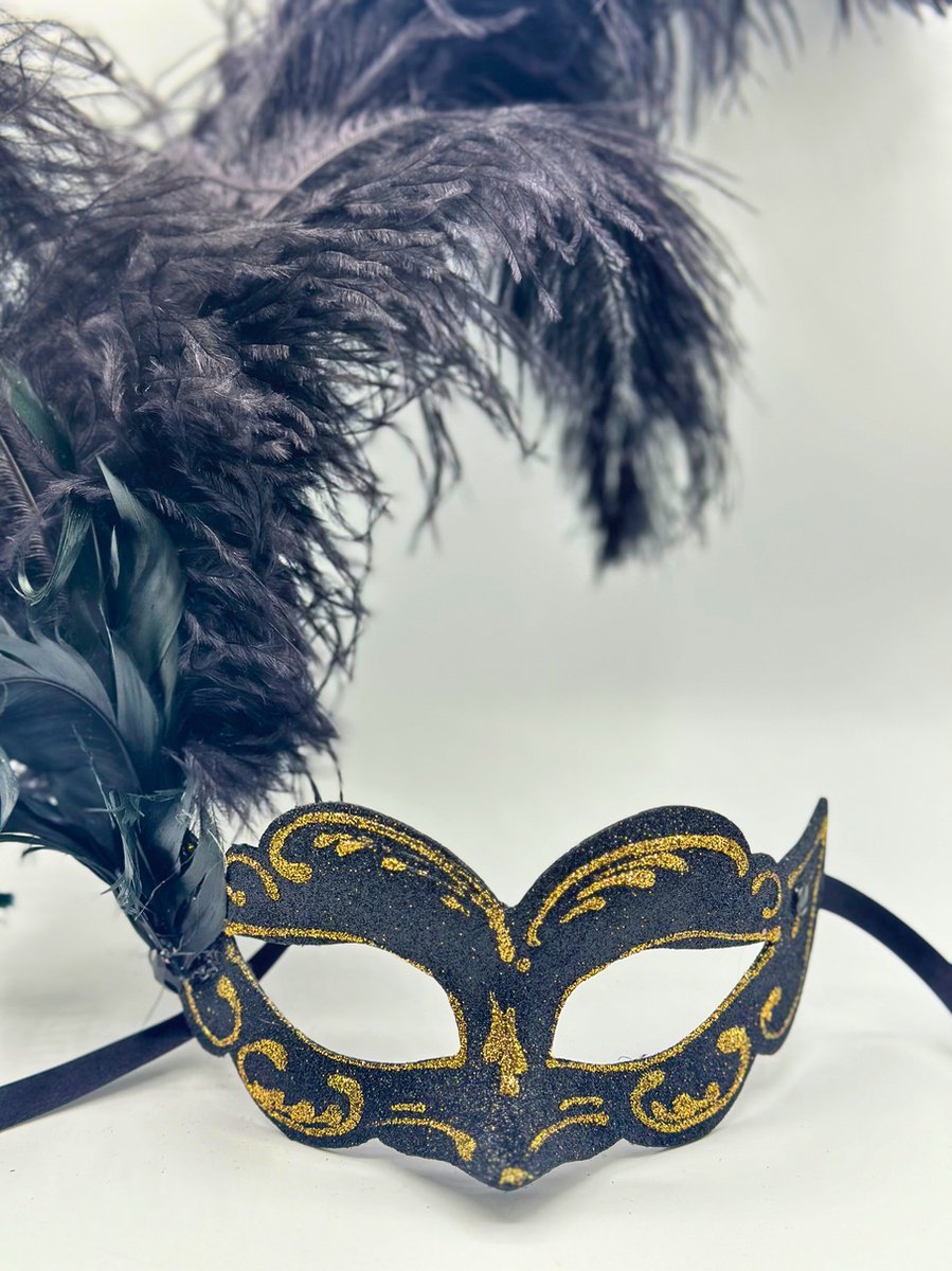 Venetiaans masker zwart met veren - Zwart glitter masker met veren - Zwart masker voor vrouwen