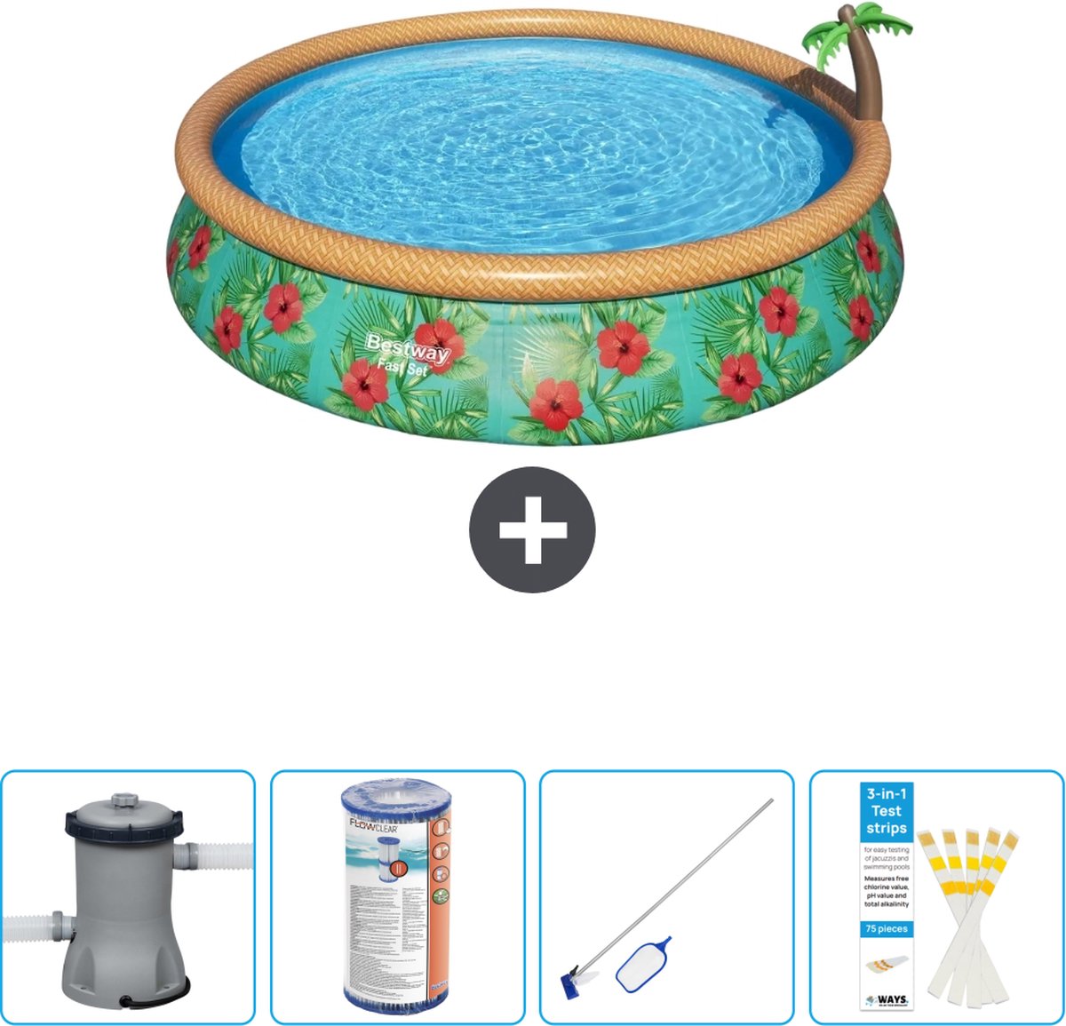 Bestway Rond Opblaasbaar Fast Set Zwembad – Paradijsprint – 457 x 84 cm – Inclusief Pomp Filter – Schoonmaakset – Testrips Bestway Rond Opblaasbaar Fast Set Zwembad – Paradijsprint – 457 x 84 cm – Inclusief Pomp Filter – Schoonmaakset – Testrips