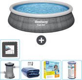 Bestway Rond Opblaasbaar Fast Set Zwembad - Rotanprint - 457 x 84 cm - Inclusief Pomp Solarzeil - Onderhoudspakket - Filter - Vloertegels