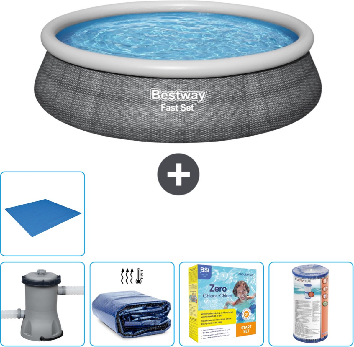 Bestway Rond Opblaasbaar Fast Set Zwembad - Rotanprint - 457 x 84 cm - Inclusief Pomp Solarzeil - Onderhoudspakket - Filter - Grondzeil