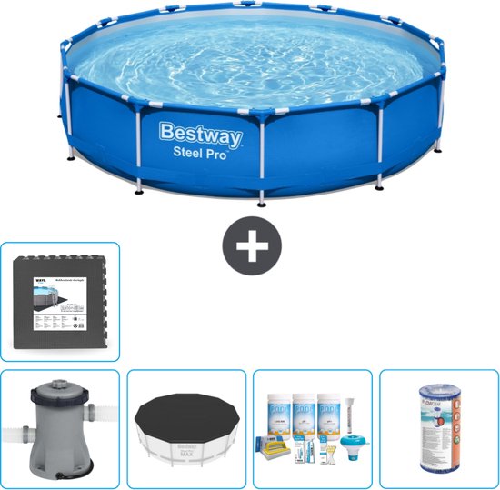 Bestway Steel Pro zwembad met filterpomp, afdekzeil, onderhoudspakket, filter en vloertegels.