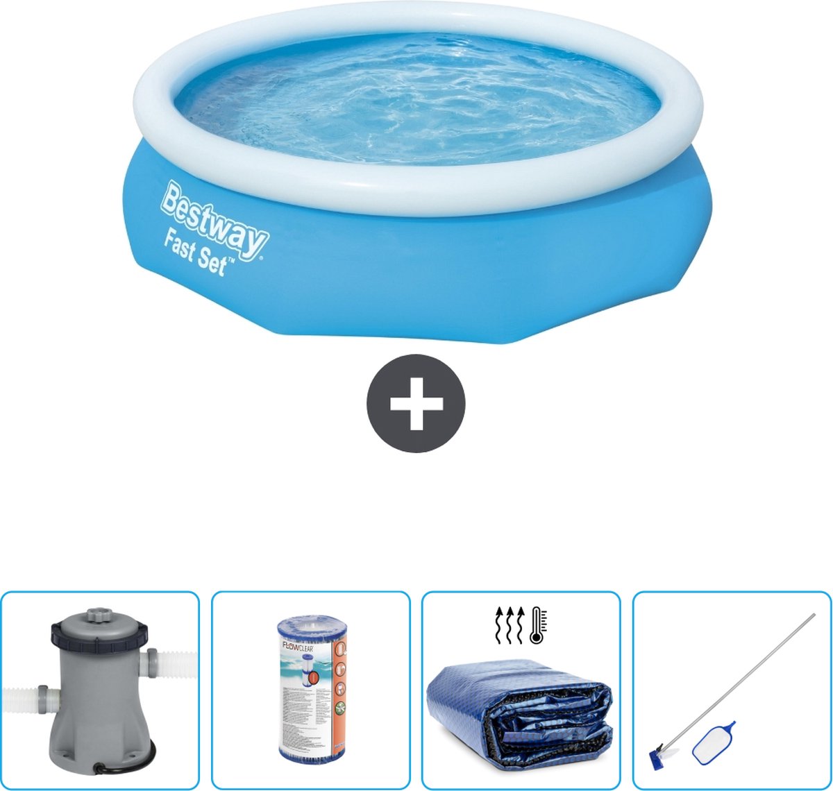 Bestway Rond Opblaasbaar Fast Set Zwembad - 305 x 76 cm - Blauw - Inclusief Pomp Filter - Solarzeil - Schoonmaakset