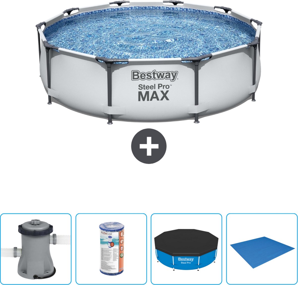 Bestway Rond Steel Pro MAX Zwembad – 305 x 76 cm – Grijs – Inclusief Pomp Filter – Afdekzeil – Grondzeil