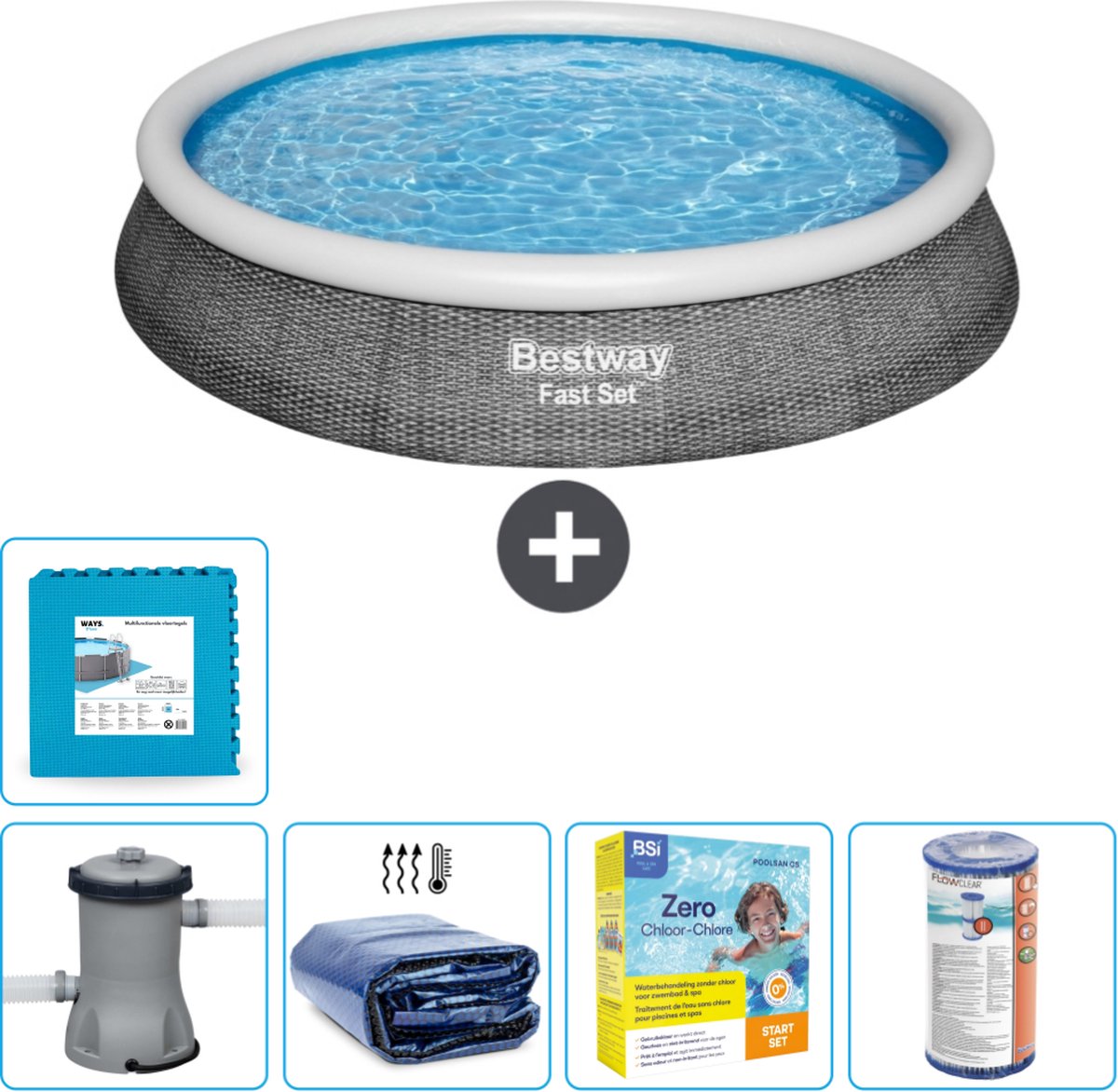 Bestway Rond Opblaasbaar Fast Set Zwembad - Rotanprint - 396 x 84 cm - Inclusief Pomp Solarzeil - Onderhoudspakket - Filter - Vloertegels