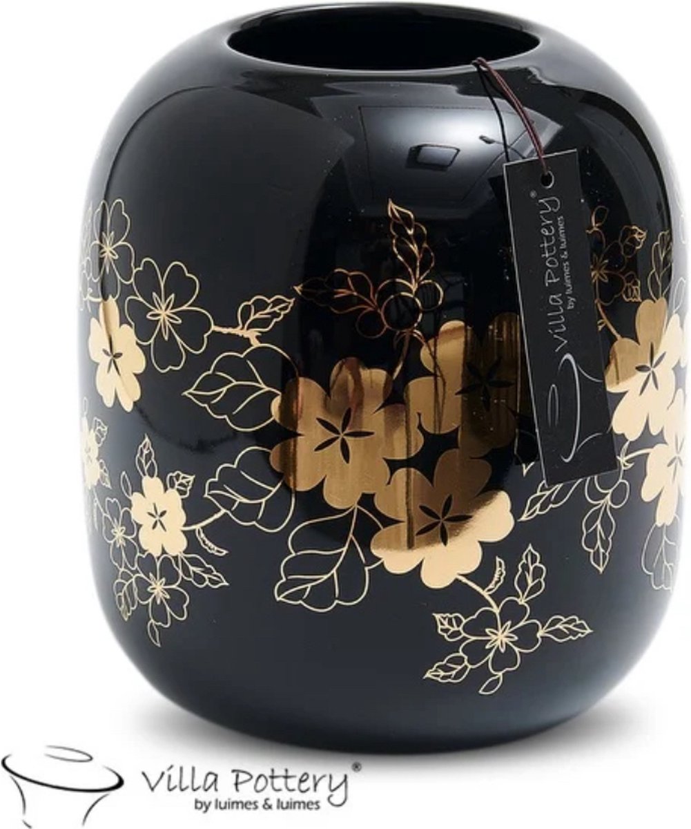 Irishflowers Vaas - Villa Pottery - Porselein - Waterdicht - Decoratie - Woondecoratie - Moederdag - Happy Flowers 1 Black Gold Zwart