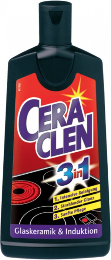 Cera Clen 3-in-1 reiniger 200 ml voor glaskeramiek en inductie. Zwarte fles met oranje en gele opdruk.