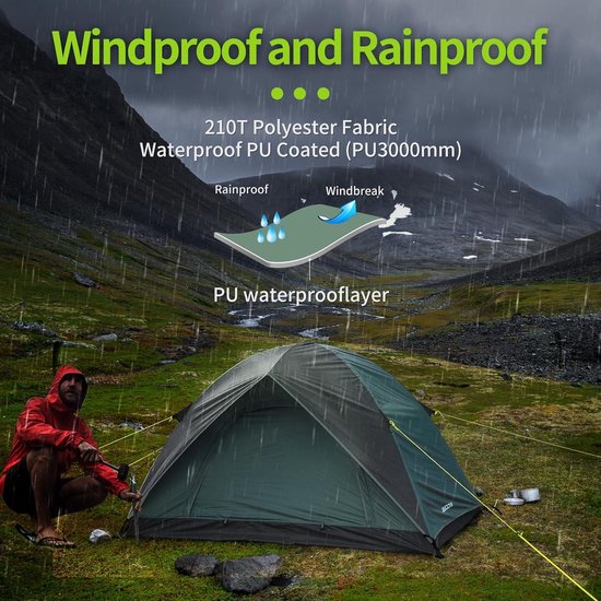 Campingtent, ultralichte tent voor 2 personen, waterdichte koepeltent, snelle opbouw, kleine verpakkingsmaat, fietstas, tent voor outdoor, wandelen, gezinnen, camping, festival — afbeelding 5