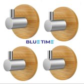 BlueTime Zelfklevende Haakjes - Bamboe - Ophanghaken - Zelfklevend - Handdoekhaakjes - Badkamer - Set Van 4 - Bamboo – Staal-RVS