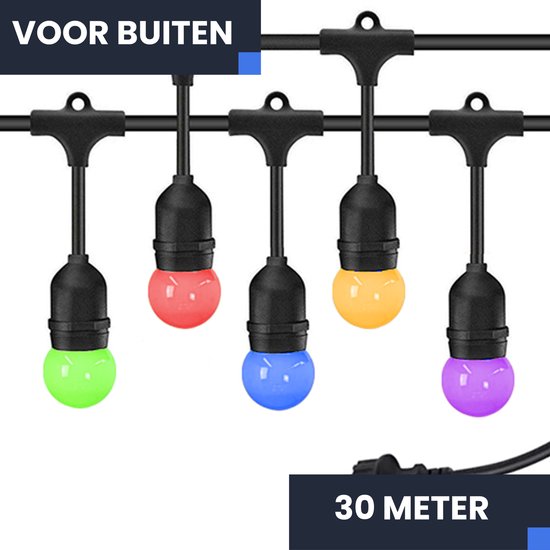 FONKEL® Arena LED Lichtsnoer Buiten met 30 Gekleurde Lampjes E27 Multicolor IP65 - Prikkabel 30 meter Tuinverlichting – Lampjes Slinger - Koppelbare Feestverlichting - Kerstverlichting