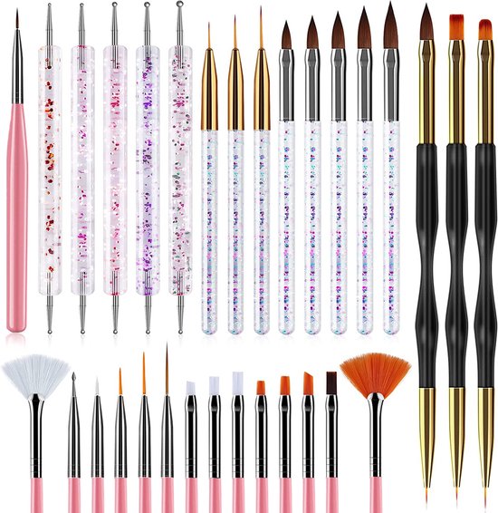 Set van 30 penselen voor nail art - Roze penselen set voor Nagel Gel, Acryl en Polygel - Nagel kwasten kit met dotting tools – Nail brush kit