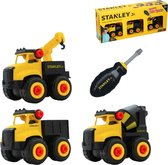 Stanley Speelgoed Vrachtwagens - Kraanwagen - Laadwagen - Cementmixer - 28 Stuks - STEM-Speelgoed - Incl. Schroevendraaier - Zwart/Geel