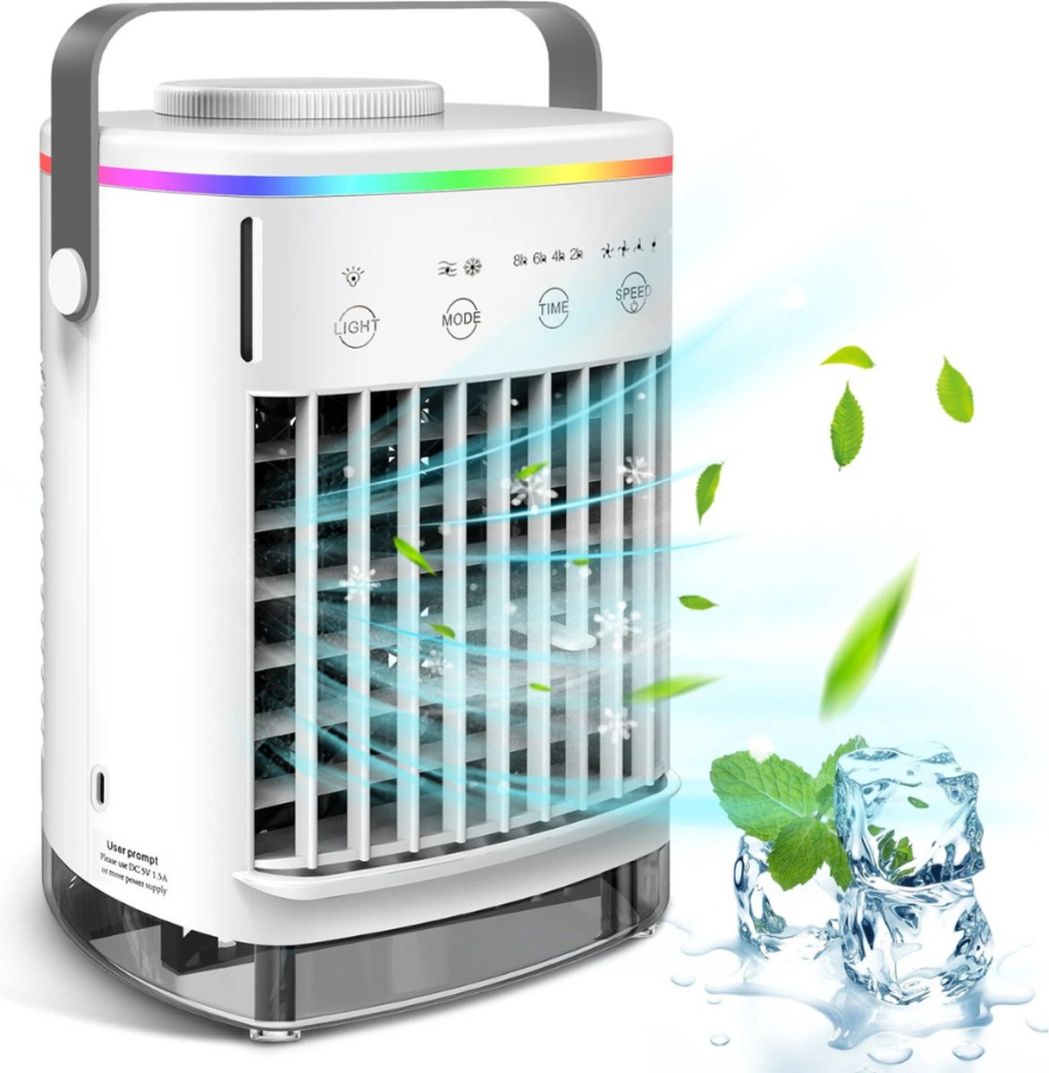 Mobiele airco zonder Slang & Afvoer- 3-in-1 - 4 Snelheden - Mini Ventilateur - Draagbare Aircooler - LED Verlichting- Aircoventilatoren - Voor Slaapkamer & Woonkamer - Wit