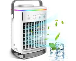 Mobiele airco zonder Slang & Afvoer- 3-in-1 – 4 Snelheden – Mini Ventilateur – Draagbare Aircooler – LED Verlichting- Aircoventilatoren – Voor Slaapkamer & Woonkamer – Wit