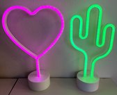 LED hart en cactus met neonlicht - Set van 2 stuks - roze neon licht - hoogte 29.5 x 20 x 8.5 cm / 29.5 x 20 x 8.5 cm - Werkt op batterijen en USB - Tafellamp - Nachtlamp - Decoratieve verlichting - Woonaccessoires
